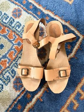 Leather Buckle Clog Sandals with Ankle Strap in Tan - Women
